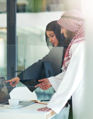 business-people-arabic-pointing-laptop-screen-office-consult-advice-client-lens-flare-hijab-woman-man-with-keffiyeh-asset-management-planning-idea-investment-bank Business people, Arabic and pointing at laptop screen in office for consult, advice or client. Lens flare, hijab woman and man with keffiyeh for asset management, planning or idea at Investment bank.